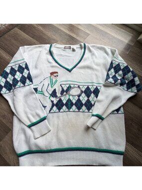 Vintage Lazarus Hand Loomed Tennis Sweater Argyle Pattern V-Neck Cotton XL White